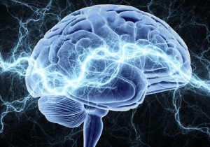 Human brain, conceptual artwork. The lightning around the brain could represent its electrical activity, thoughts and ideas, or an epileptic attack. The cerebrum, the largest part of the brain, is seen here. It is responsible for conscious thoughts and actions.
